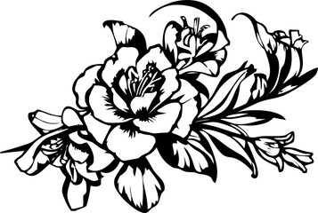 black graphic drawing of a rose flower on a white background, isolated element, decor