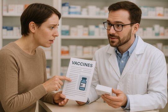 Parent consulting pharmacist about vaccination options in pharmacy setting