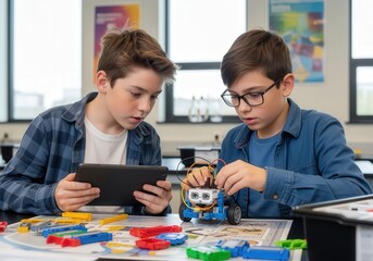 Two boys building a small robot using colorful circuitry for a creative stem learning experience