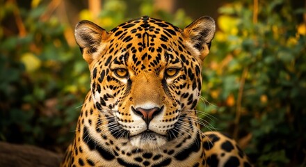 Obraz premium Majestic Jaguar Close-Up Portrait in Jungle Habitat – Intense Gaze and Golden Fur with Rosettes