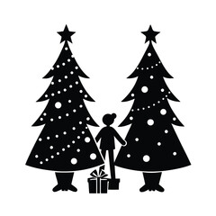 Obraz premium Boy with gifts between decorated christmas trees silhouette
