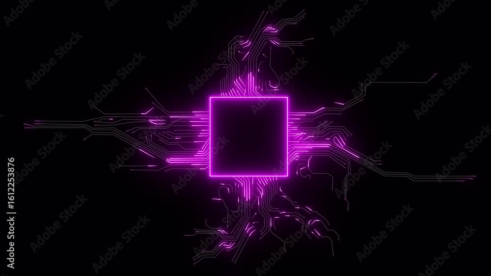 Poster concept: advanced futuristic 4k cpu chip set and electric circuit with data transfer moving on dark 