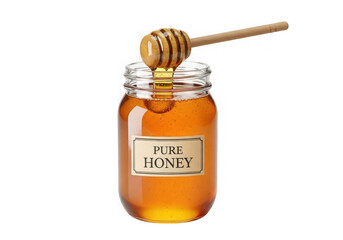 A jar of pure honey with a dipper, isolated on transparent background