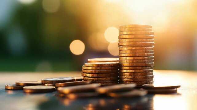 Stacked golden coins on reflective surface in soft sunlight