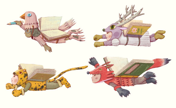 Animal kids flying with a book wing. kid education illustration. watercolor vector. child art. animal.