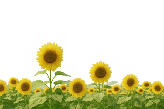 Sunflowers growing in a field with transparent background
