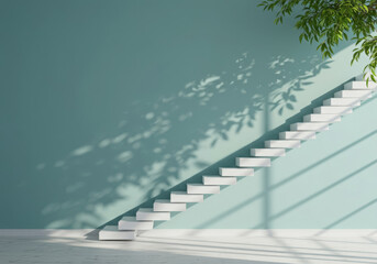 Minimalist staircase design against a pastel wall with leaf shadows