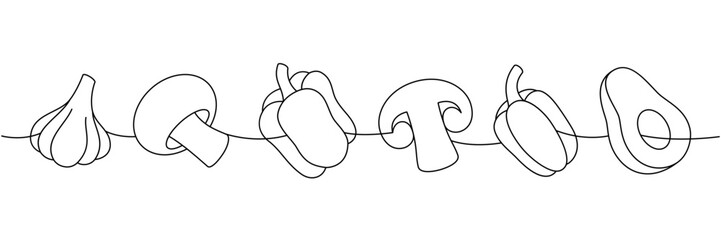 Garlic bulb, mushroom, bell pepper, avocado one line continuous drawing. Fresh organic vegetables. Vector illustration