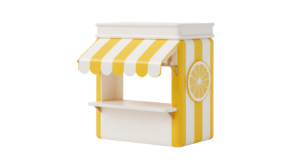 Vibrant yellow and white juice stand with a cheerful lemon slice emblem, perfect for summer promotions and refreshing beverage concepts.