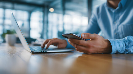 A person working remotely, casual blue shirt, modern office interior with large windows, focused and calm atmosphere, soft morning light, close-up of hands using smartphone and typing on laptop