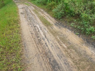 The dirt road turns into mud after the rain.