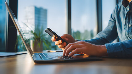 A person working remotely, casual blue shirt, modern office interior with large windows, focused and calm atmosphere, soft morning light, close-up of hands using smartphone and typing on laptop