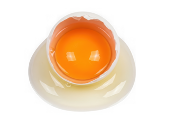 A cracked egg with a bright orange yolk isolated on transparent background