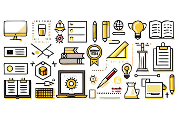 Illustration of various study and education related icons with a yellow and black outline style created with generated ai