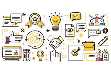 Illustration showing business concepts like teamwork, ideas, targets, and communication in yellow and black created with generated ai