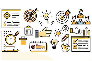 Illustration showing business planning elements including targets and team management icons created with generated ai