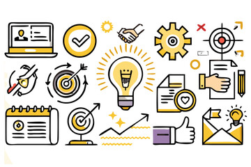Illustration showing business icons including a lightbulb, target, handshake, and calendar design created with generated ai
