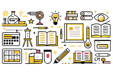 Illustration showcasing science equipment books and stationery items in a flat design style art work created with generated ai