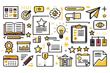 Illustration featuring business and educational icons including a lightbulb, stars, and a paper airplane created with generated ai