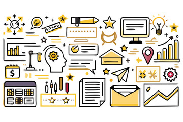 Illustration showing business and planning icons including charts, graphs, and office related symbols created with generated ai