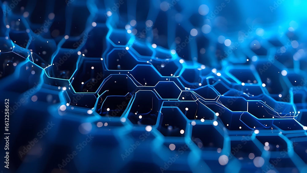 Poster abstract blue hexagonal molecular structure with glowing nodes