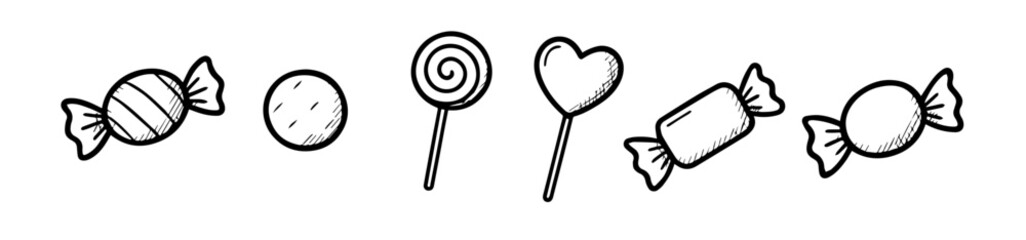 Doodle Icon Set of Wrapped Candies, Lollipops, and Toffees, Editable Formats: AI, EPS, JPG, PNG, Ideal for Both Digital and Print Use
