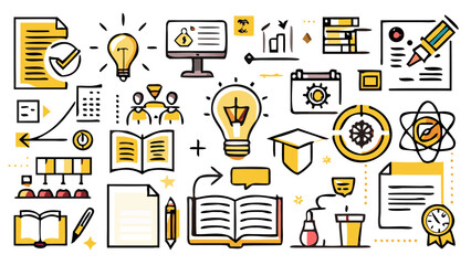 Illustration featuring education and business icons with light bulbs and documents displayed created with generated ai