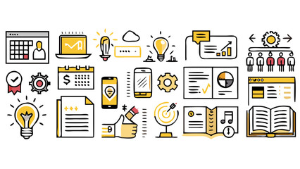 Illustration of business and planning icons including calendar, lightbulb, phone, and open book design created with generated ai
