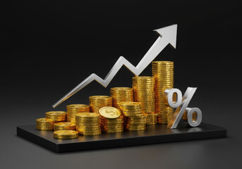 Gold coins growth chart with percentage sign financial investment concept