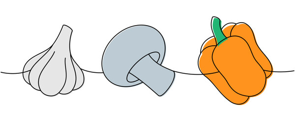 Garlic bulb, mushroom, fresh pepper one line colored continuous drawing. Fresh organic vegetables. Vector illustration