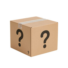 Curious cardboard box branded with mystery question marks awaits exciting discovery and unboxing adventures