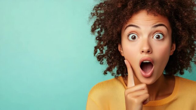Surprised African American woman with curly hair in yellow top against teal background