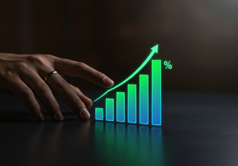 Financial graph chart showing growth with hand touching the percentage