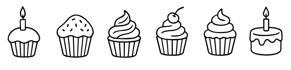 Birthday Cupcakes and Celebration Cakes Doodle Icon Set in Hand Drawn Vector Style, Editable Formats: AI, EPS, JPG, PNG, Ideal for Both Digital and Print Use
