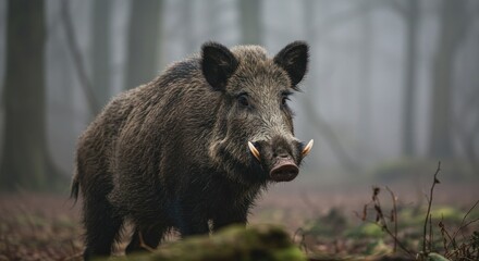 Wild boar in misty forest (1)