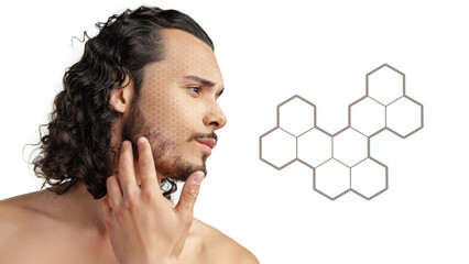 Close-up of a man examining his skin with a hexagonal design representing skincare innovation and...