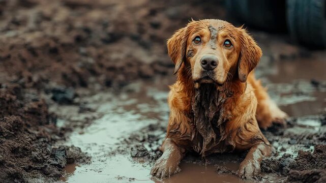 Muddy dog lying in puddle, looking curious outdoors