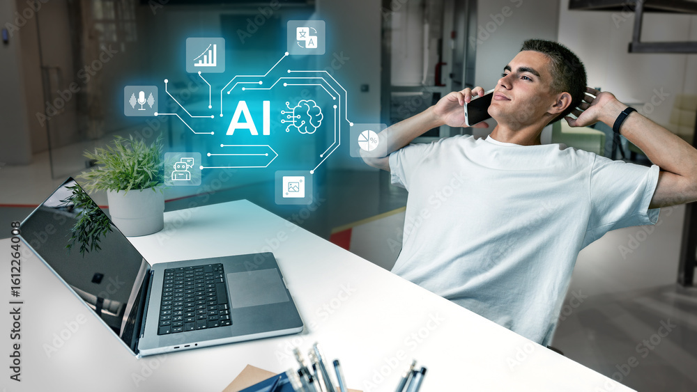 Poster young professional relaxes while on a phone call in a modern workspace with ai graphics displayed