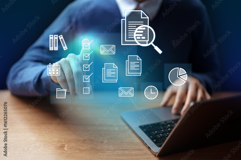 Poster digital workspace with business analytics and document management in a professional setting