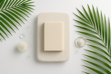 White Speckled Soap Bar on Grey Stone Dish with Palm Leaves