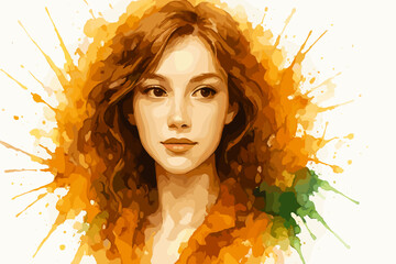 Young woman with curly hair in watercolor style with orange splashes  