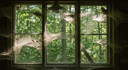 Abandoned window with cobwebs