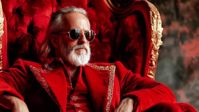 Stylish older man with long gray hair and sunglasses, seated confidently in a luxurious red velvet armchair, exuding charisma and sophistication in a lavish setting