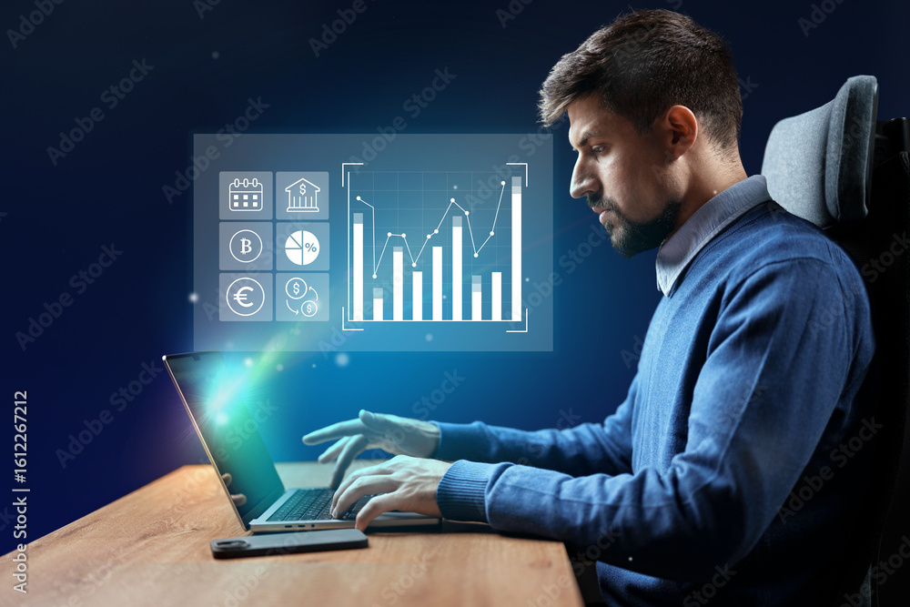 Poster young professional analyzes data and trends while working on a laptop in a modern office setting in 