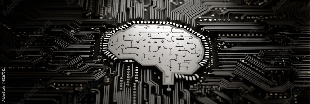 Poster microchip embedded in brain silhouette illustrates the fusion of technology and neuroscience in a mo