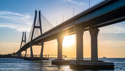 Fototapeta premium Cable-stayed bridge at sunset over water