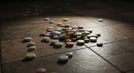 Colorful pills on a tiled floor