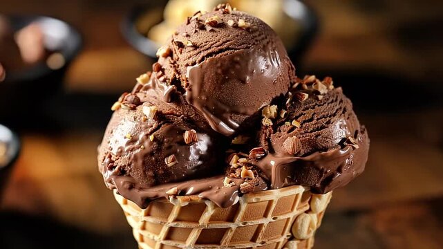 Delicious chocolate ice cream scoops topped with crushed nuts in a waffle cone, presented on a rustic wooden table, evoking a sense of indulgence and sweetness