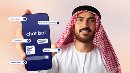 Professional showcasing chatbot features on mobile device in modern office setting