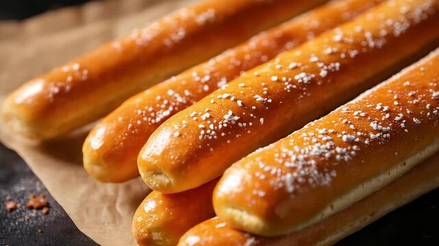 Freshly baked breadsticks topped with salt on dark surface